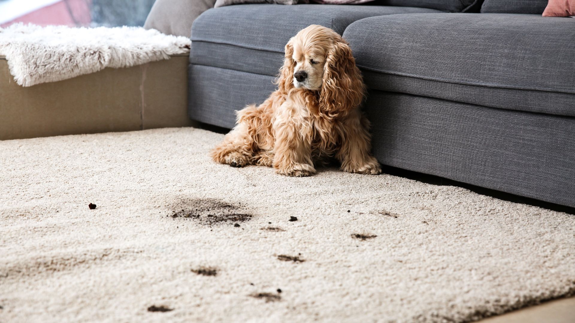 Guilty-looking Cocker Spaniel sitting next to muddy paw prints on carpet